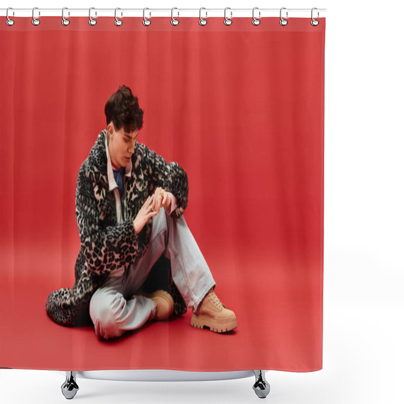 Personality  Stylish Gentleman In A Chic Coat Sits Thoughtfully On The Ground, Showcasing His Trendy Outfit. Shower Curtains