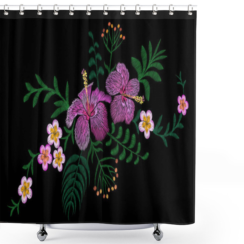 Personality  Hawaii Flower Embroidery Arrangement Patch. Fashion Print Decoration Plumeria Hibiscus Palm Leaves. Tropical Exotic Blooming Bouquet Vector Illustration Shower Curtains