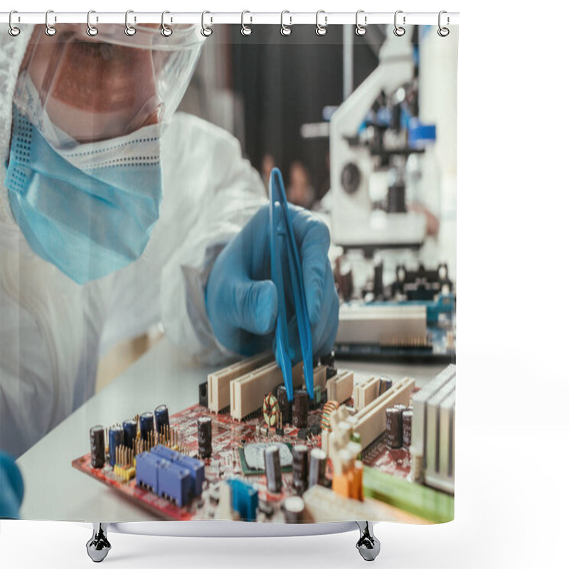 Personality  Engineer In Medical Mask And Goggles Fixing Computer Motherboard With Tweezers Shower Curtains