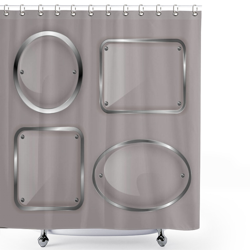 Personality  Set Of Glass Plates In Metal Frames. Vector Illustration. Shower Curtains