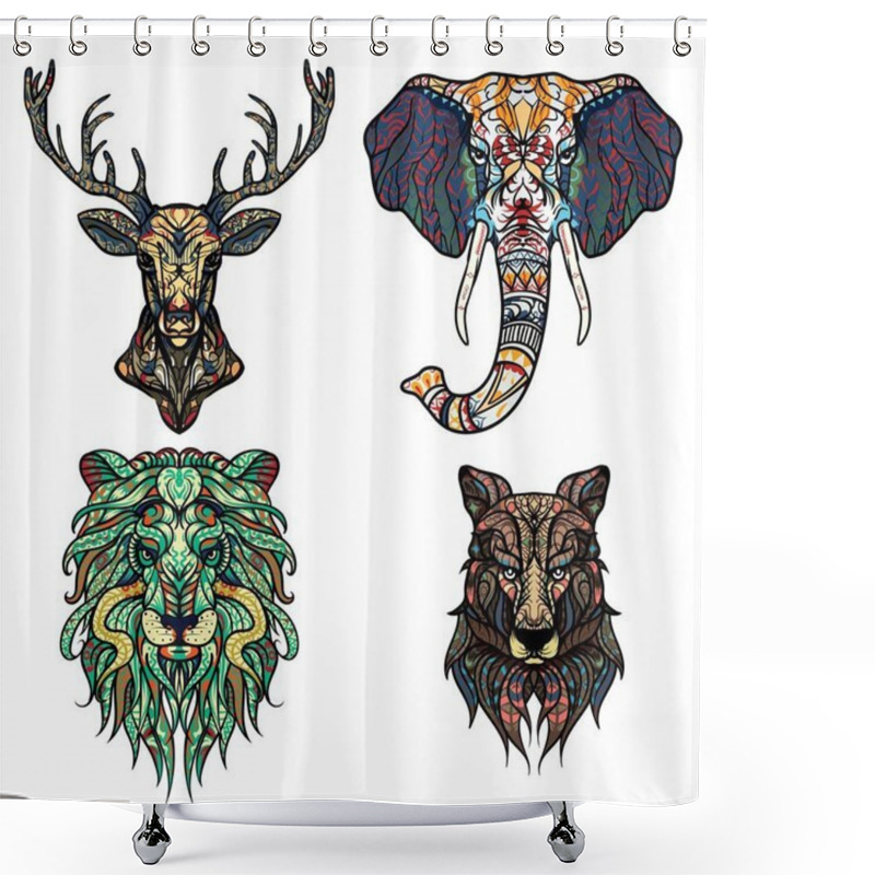 Personality  Set Of Abstract Vector Tattoo Illustrations. Lion, Deer, Elephant And Wolf Ethnic Patterned Totem. Leo Zodiac Sign. T-shirt Print, Bag, Postcard, Poster. African / Indian Design Shower Curtains