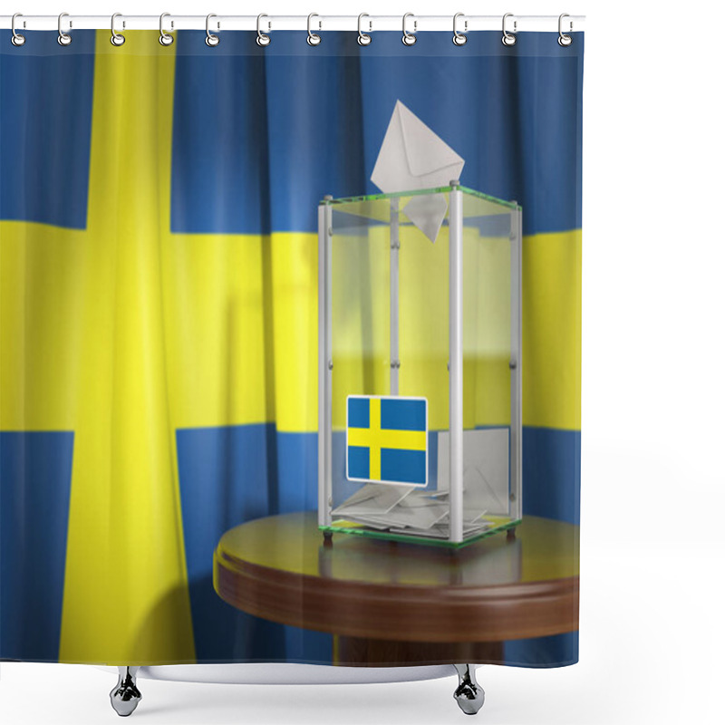 Personality  Ballot Box With Flag Of Sweden And Voting Papers. Swedish Presidential Or Parliamentary Election.  3d Illustration Shower Curtains