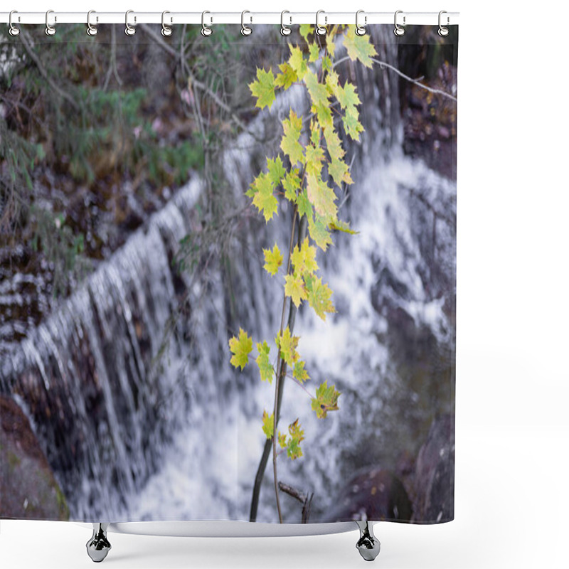 Personality  Maple Branch With Yellow Leaves Against The Background Of A Waterfall. High Quality Photo Shower Curtains