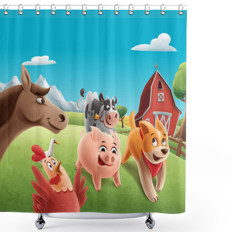 Personality  Illustrated Landscape Of A Farm With Cow, Pig ,dog, Roster And Horse Shower Curtains