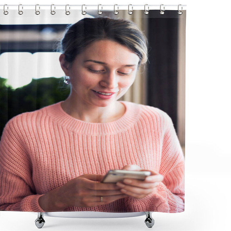 Personality  Happy Young Charming Woman In Pink Pullover Shower Curtains