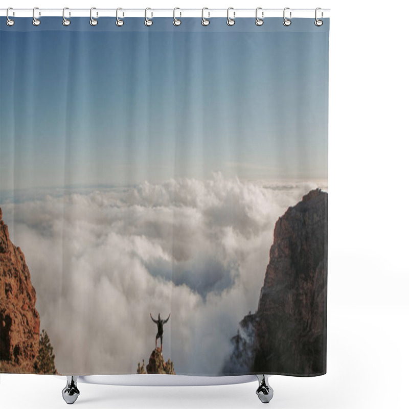 Personality  On The Top Of The World. Man On Top Of The Mountain Above The Clouds.  Shower Curtains