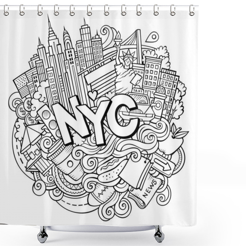 Personality  Cartoon Cute Doodles Hand Drawn New York Inscription. Sketch Illustration With American Theme Items. Line Art Detailed, With Lots Of Objects Background. Funny Vector Artwork Shower Curtains