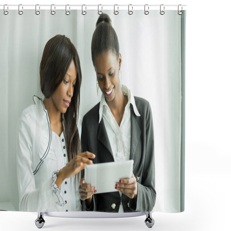 Personality  Two Colleagues Talking About The Contents On A Tablet Pc Shower Curtains