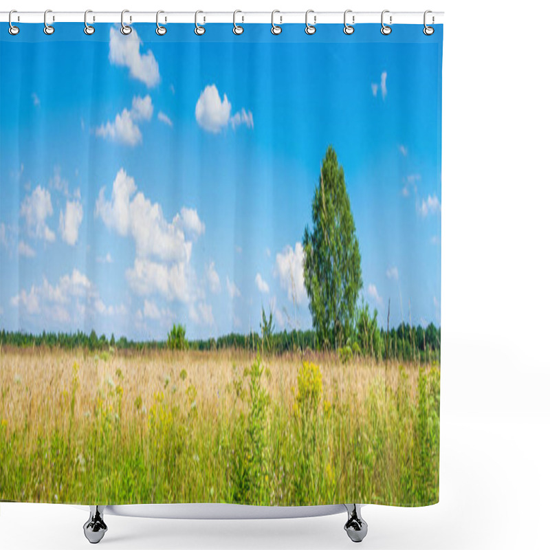 Personality  Tree In The Meadow Against The Background Of Blue Sky Shower Curtains