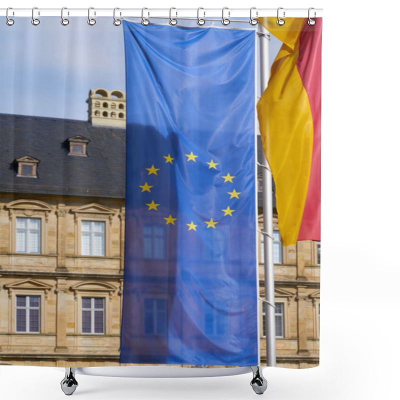 Personality  European Flag In Front Of The New Residence On Domplatz In Bamberg, Germany                                Shower Curtains