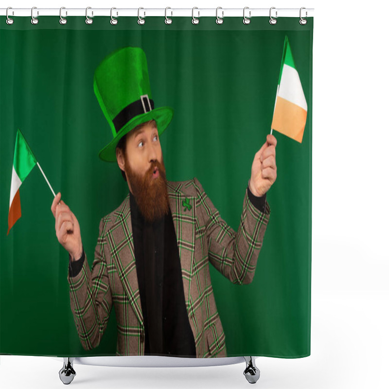 Personality  Excited Bearded Man In Hat Holding Irish Flags Isolated On Green  Shower Curtains