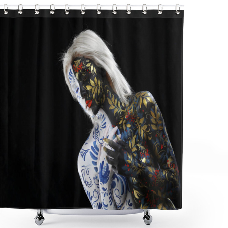 Personality  Body Art Portrait Of A Girl In The Style Of Khokhloma And Gzhel On A Black Background Studio Shower Curtains