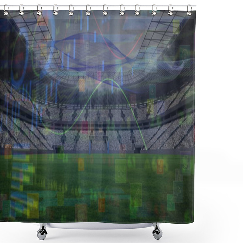 Personality  Image Of Financial Data Processing Over Stadium. Global Sport, Finances And Digital Interface Concept Digitally Generated Image. Shower Curtains