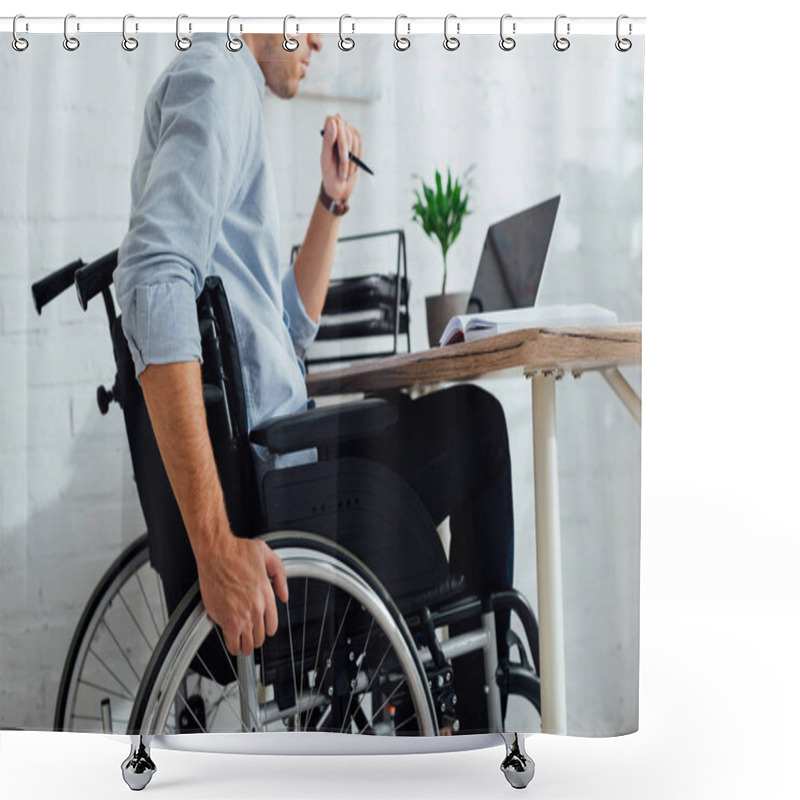 Personality  Cropped View Of Man Sitting In Wheelchair By Notebook At Workplace Shower Curtains