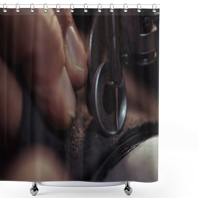 Personality  Close Up View Of Cobbler Sewing Genuine Leather On Sewing Machine Shower Curtains