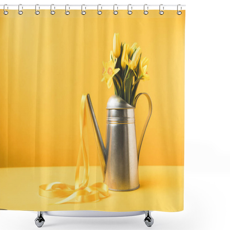 Personality  Beautiful Yellow Spring Flowers In Watering Can With Ribbon On Yellow  Shower Curtains