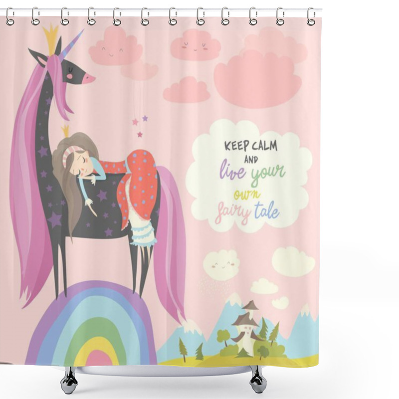 Personality  Cute Cartoon Princess With Black Unicorn.Sweet Dream Shower Curtains