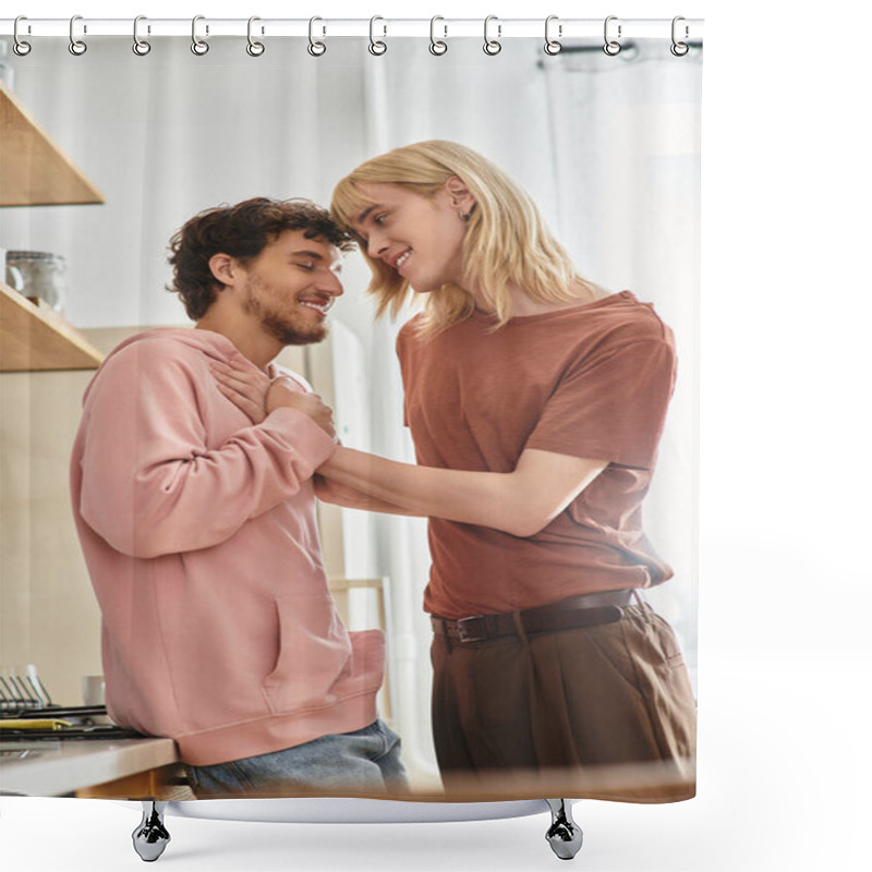 Personality  Two Men Share A Tender Moment In A Warm Kitchen, Celebrating Love And Connection. Shower Curtains