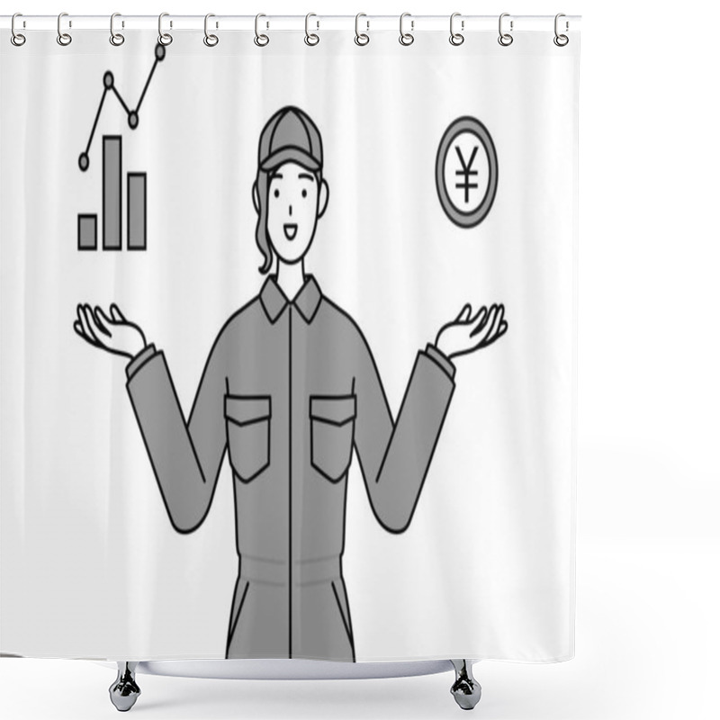 Personality  A Mechanic Woman In Coveralls Guiding An Image Of DX, Performance And Sales Improvement, Vector Illustration Shower Curtains