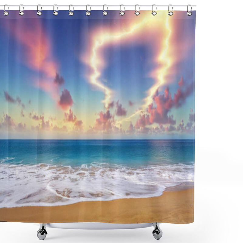 Personality  Surreal Soundwaves On A Dreamy Beach: A Surreal Beach Scene Where The Crashing Waves And Rippling Ocean Are Visually Represented As Melodic Soundwaves, With Musical Instruments Buried In The Sand, And The Horizon Shimmered With Vibrant Hues. Shower Curtains