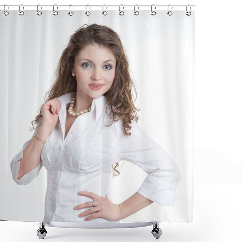 Personality  Beautiful Woman On A White Background Shower Curtains