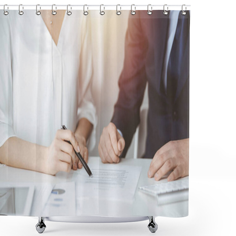 Personality  Unknown Businessman And Woman Discussing Contract In Sunny Office, Close-up.Business People Or Lawyers Working Together At Meeting Shower Curtains