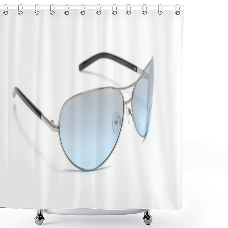 Personality  Sunglasses With Blue Glass In An Iron Frame Isolated On White Shower Curtains