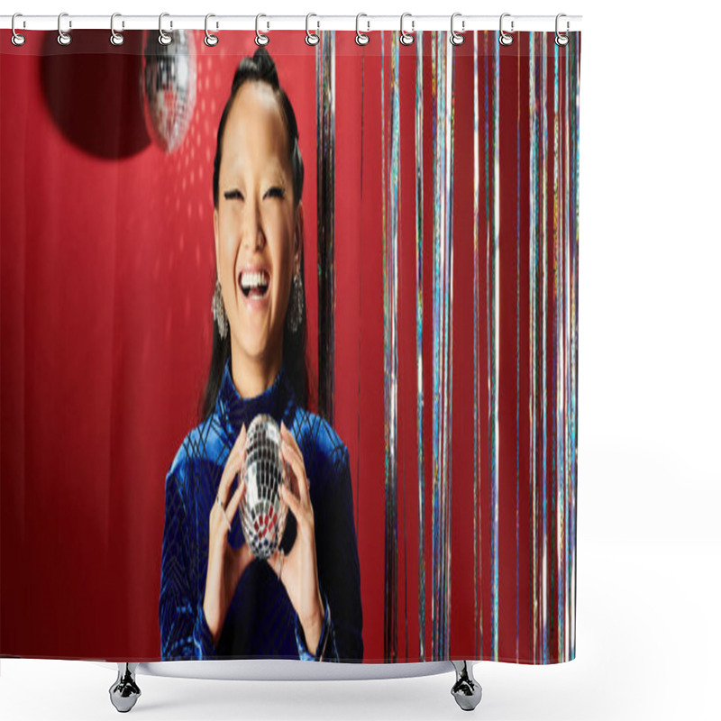 Personality  A Joyful Asian Woman Enjoys A Lively Moment With A Sparkling Disco Ball And Vibrant Decor. Shower Curtains