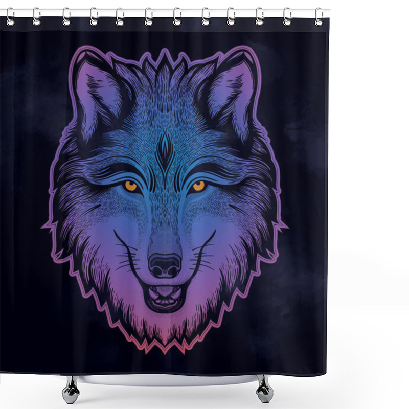 Personality  The Head Of A Wolf. Dreamy Magic Art. Night, Nature, Wicca Symbol. Isolated Vector Illustration. Great Outdoors, Tattoo Design. Shower Curtains