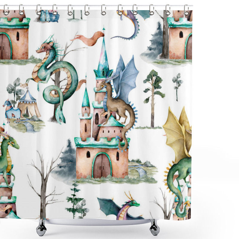 Personality  Cartoon Fairy Tale Castle And Flying Dragons Seamless Pattern. Hand Drawn Watercolor Cute Castle On White Background Shower Curtains