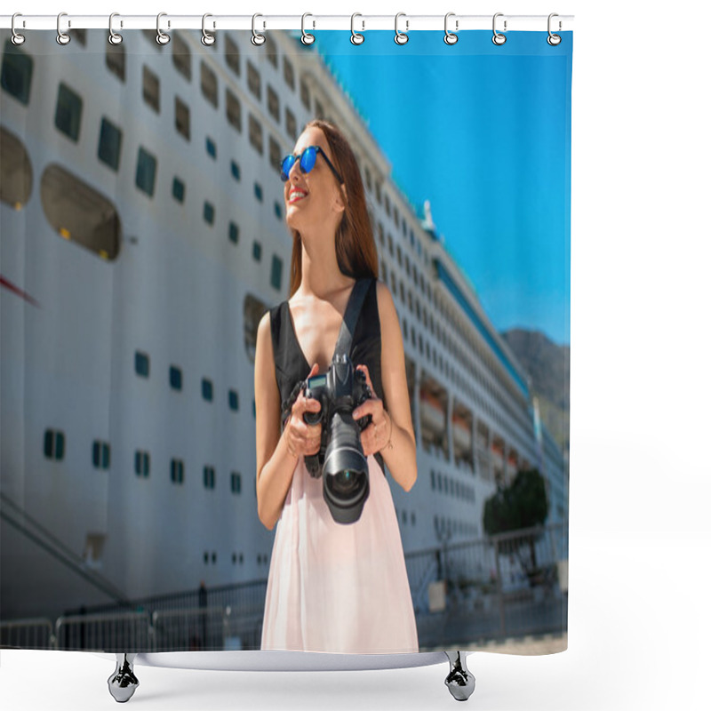 Personality  Woman Tourist Near The Big Cruise Liner Shower Curtains