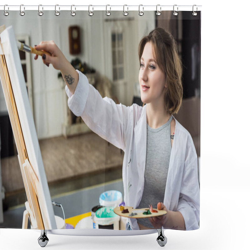 Personality  Young Inspired Girl Working By Easel In Light Studio Shower Curtains