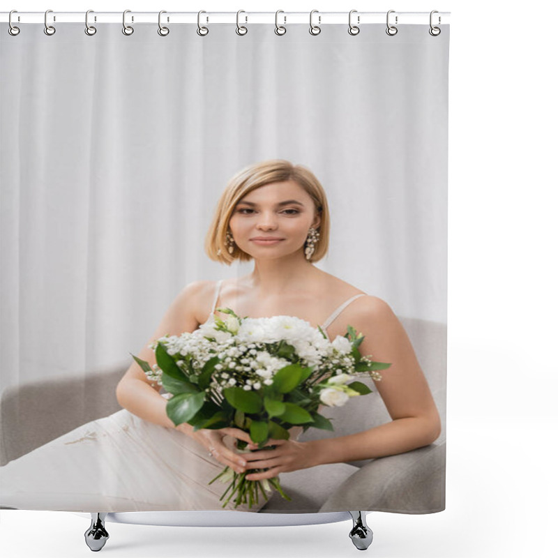 Personality  Elegant And Blonde Bride In Wedding Dress Sitting In Armchair And Holding Bouquet On Grey Background, White Flowers, Bridal Accessories, Happiness, Special Occasion, Beautiful, Feminine, Blissful  Shower Curtains