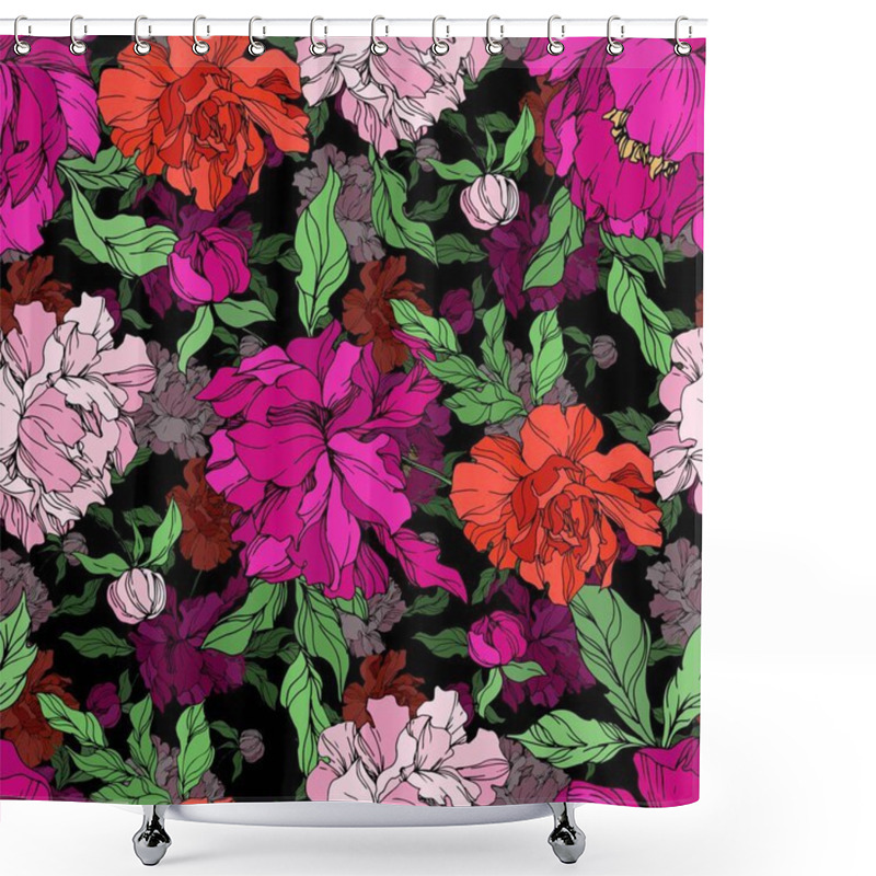 Personality  Peony Floral Botanical Flowers. Black And White Engraved Ink Art. Seamless Background Pattern. Shower Curtains