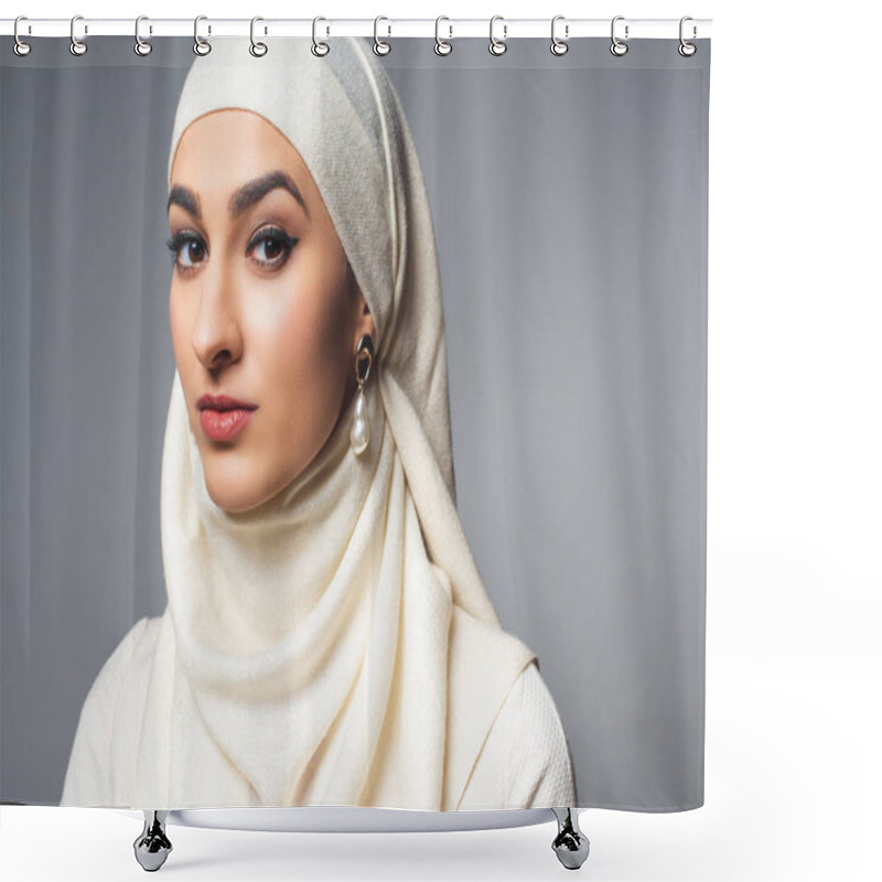 Personality  Portrait Of Beautiful Young Muslim Woman Looking At Camera Isolated On Grey Shower Curtains