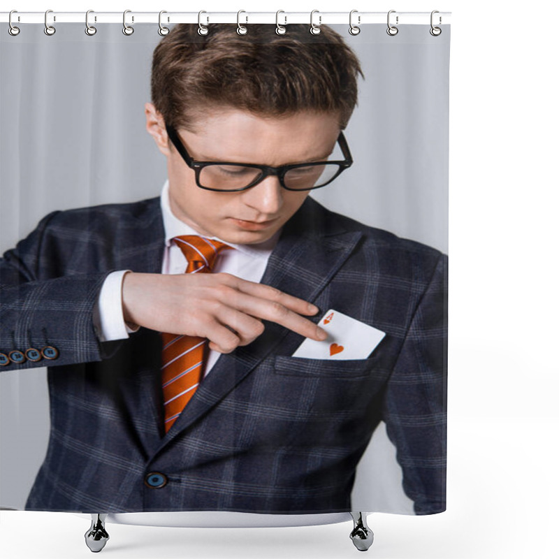 Personality  Handsome Stylish Businessman Taking Ace From Pocket Isolated On Grey Shower Curtains