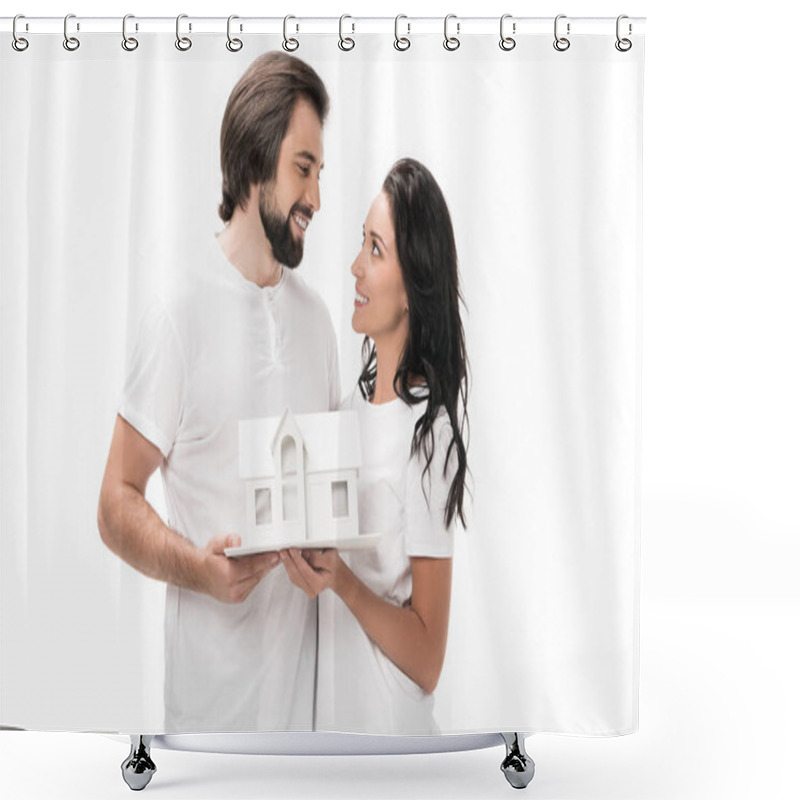 Personality  Portrait Of Smiling Couple With House Model Isolated On White Shower Curtains