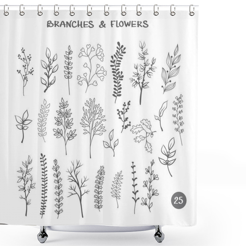 Personality  Set Of Branches. Hand Drawn Black Ink Isolated Floral Decorative Elements. Herb Silhouette Collection Shower Curtains