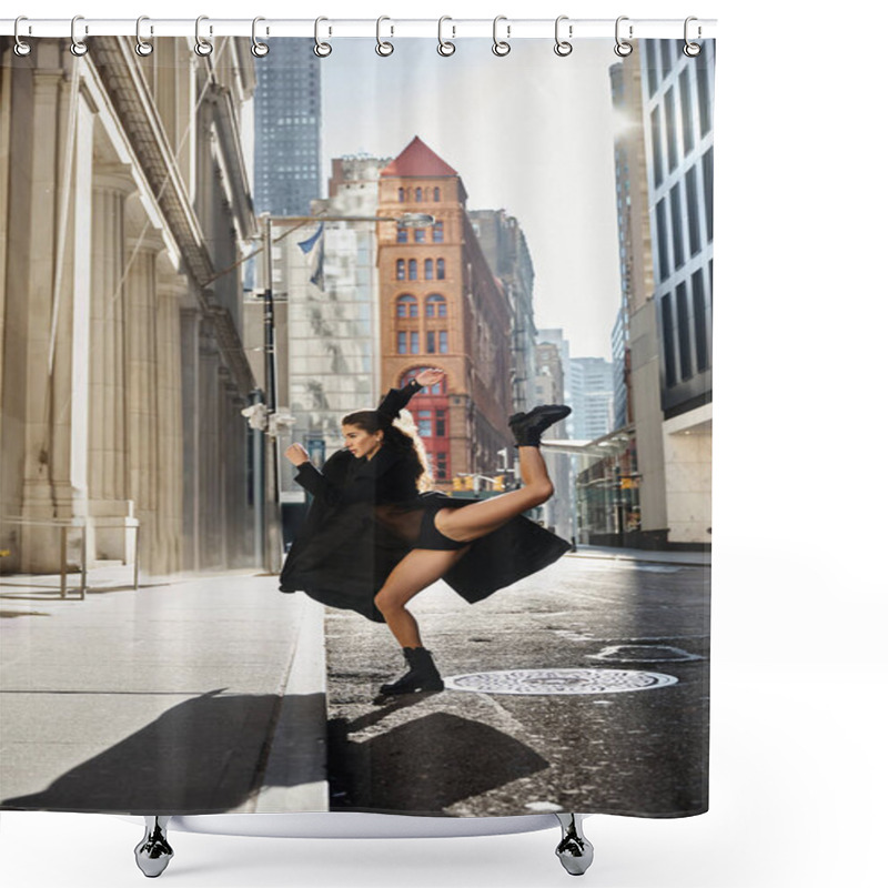 Personality  A Young Woman Dances In The Streets Of New York City, Her Black Outfit Flowing In The Wind. Shower Curtains