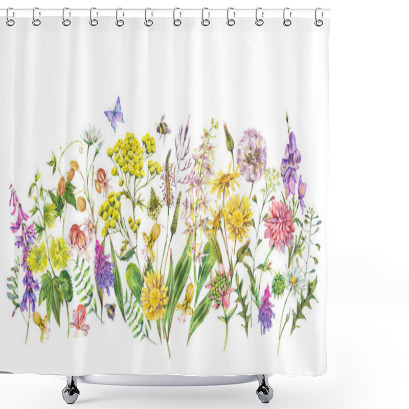 Personality  Watercolor Summer Meadow Flowers, Wildflowers Greeting Card. Botanical Floral Mockup On White Background, Natural Objects. Medicinal Flowers Collection Shower Curtains