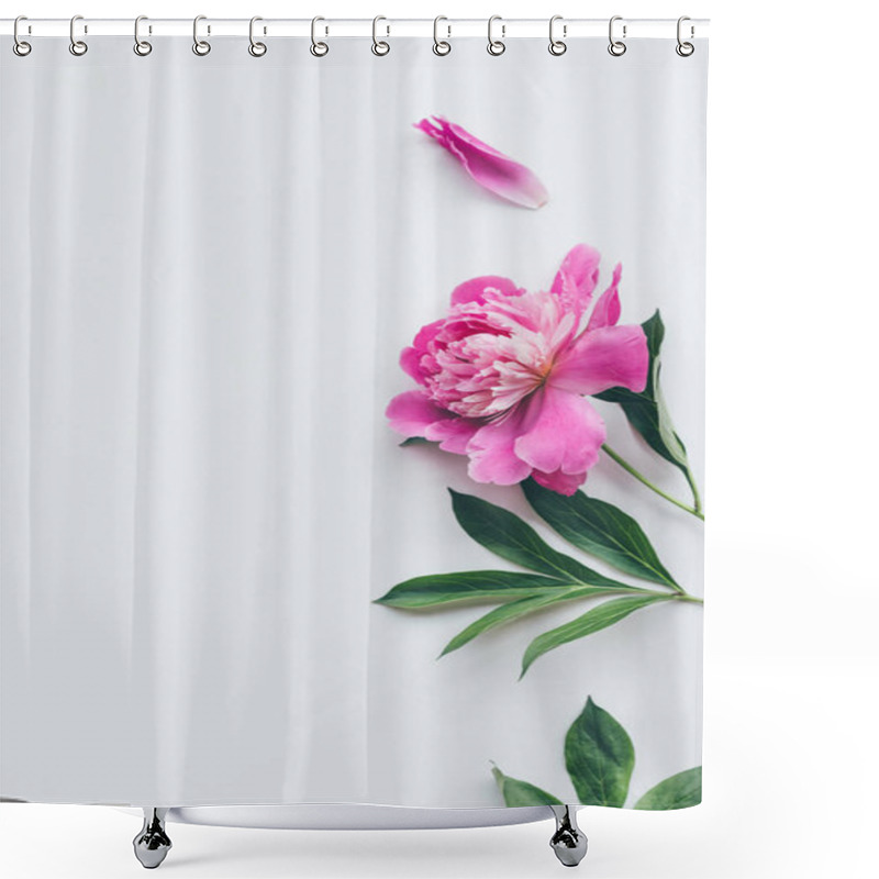 Personality  Top View Of Beautiful Pink Peony Flower With Leaves Isolated On White Shower Curtains