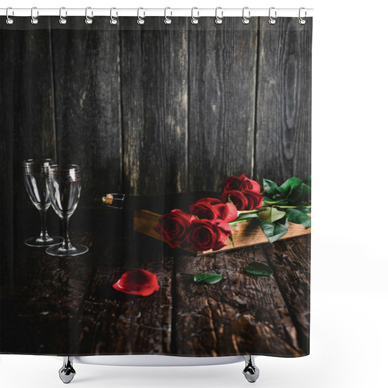 Personality  Red Roses And Champagne Bottle And Glasses On Tray, Valentines Day Concept Shower Curtains