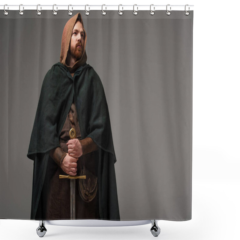 Personality  Medieval Scottish Redhead Knight In Mantel With Sword On Grey Background Shower Curtains