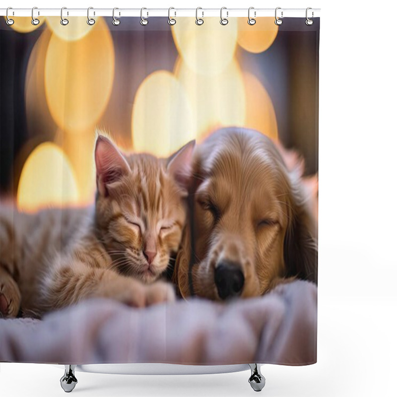 Personality  Cute Kitten And Puppy Sleeping Together Shower Curtains