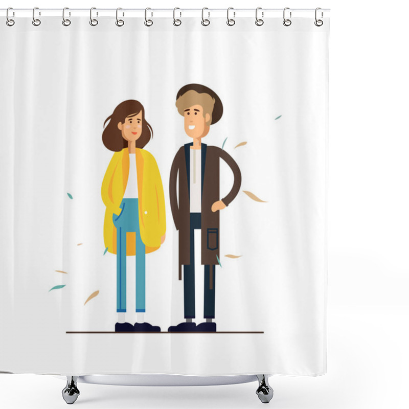 Personality  Colorful Vector Illustration Standing Happy Romantic Couple Walking Together. Flat Cartoon Hipster Characters Isolated On White Background. Autumn Mood. Shower Curtains