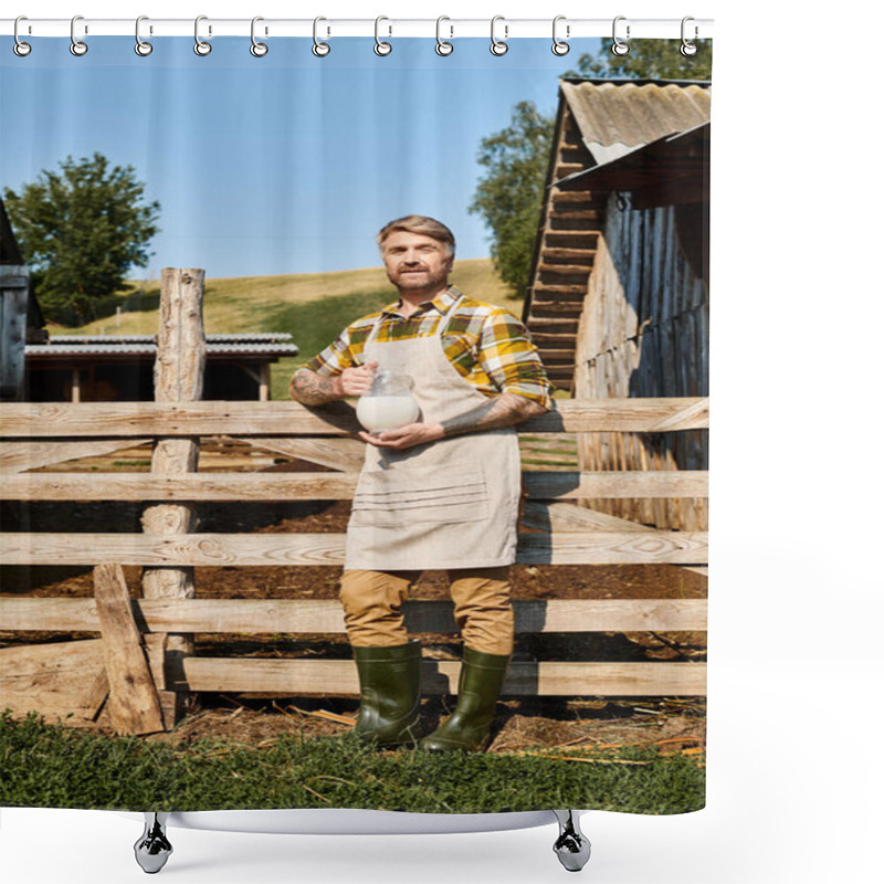 Personality  Good Looking Man With Tattoos On Arms Holding Jar Of Fresh Milk And Looking At Camera While On Farm Shower Curtains