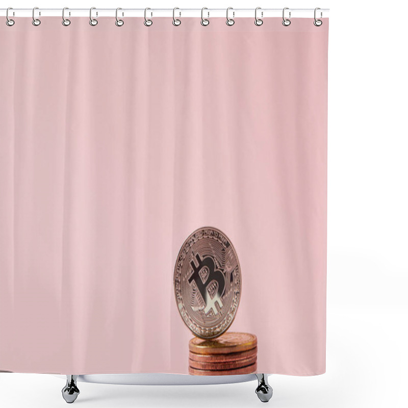 Personality  Close-up Shot Of Stack Of Bitcoins Isolated On Pink Shower Curtains