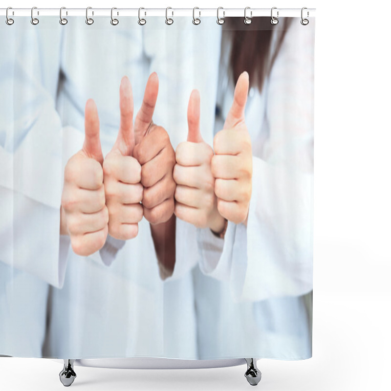 Personality  Portrait Of Confident Doctors Team Showing Thumbs Up While Standing In A Row At Clinic Shower Curtains