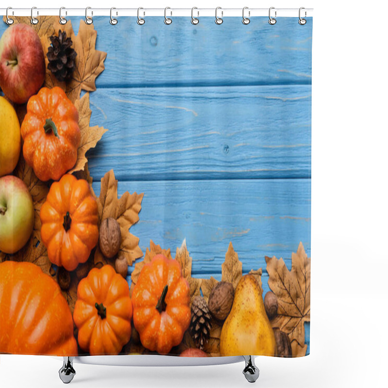 Personality  Top View Of Autumnal Harvest And Foliage On Blue Wooden Background Shower Curtains