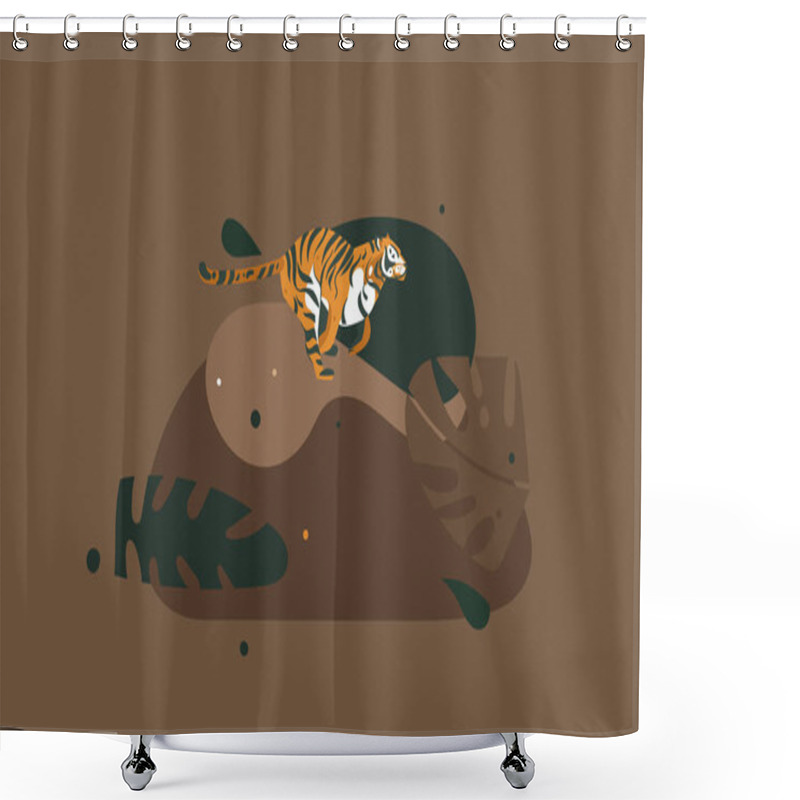 Personality  Hand Drawn Vector Abstract Cartoon Modern Graphic African Safari Nature Concept Collage Illustrations Art Poster With Running Wild Tiger And Tropical Palm Leaves Isolated On Brown Color Background Shower Curtains